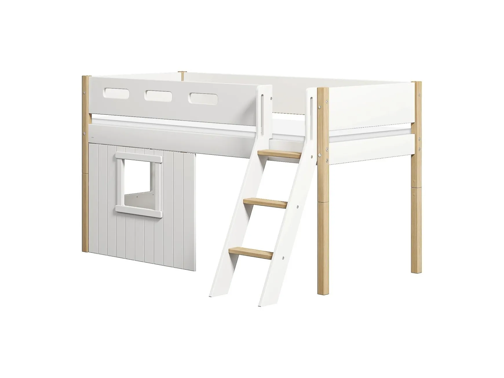FLEXA House Beds|Mid High Beds*Mid-high bed, sl. ladder & Treehouse Bed Fronts, white frame