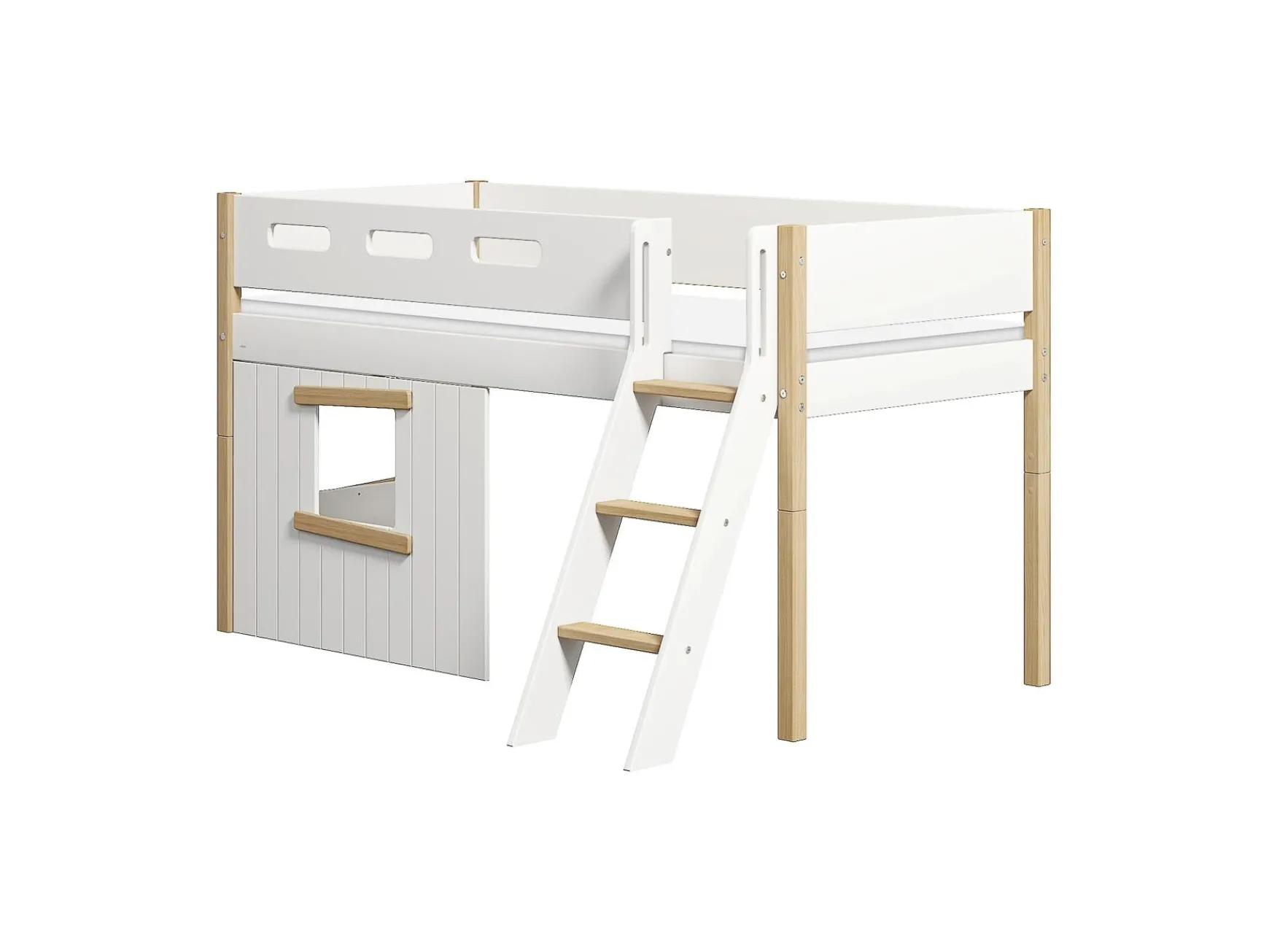 FLEXA House Beds|Mid High Beds*Mid-high bed, sl. ladder & Treehouse Bed Fronts, oak frame
