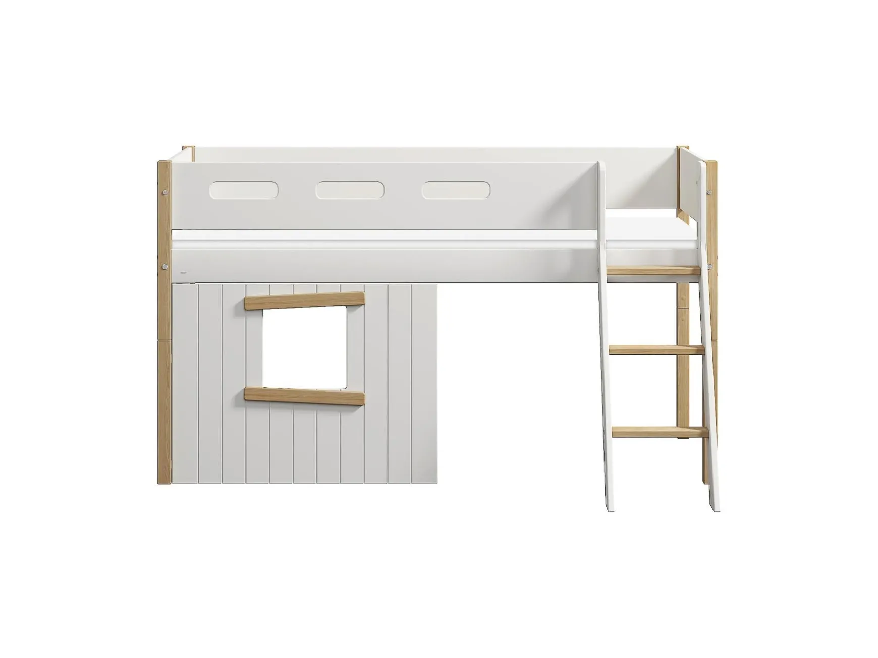 FLEXA House Beds|Mid High Beds*Mid-high bed, sl. ladder & Treehouse Bed Fronts, oak frame