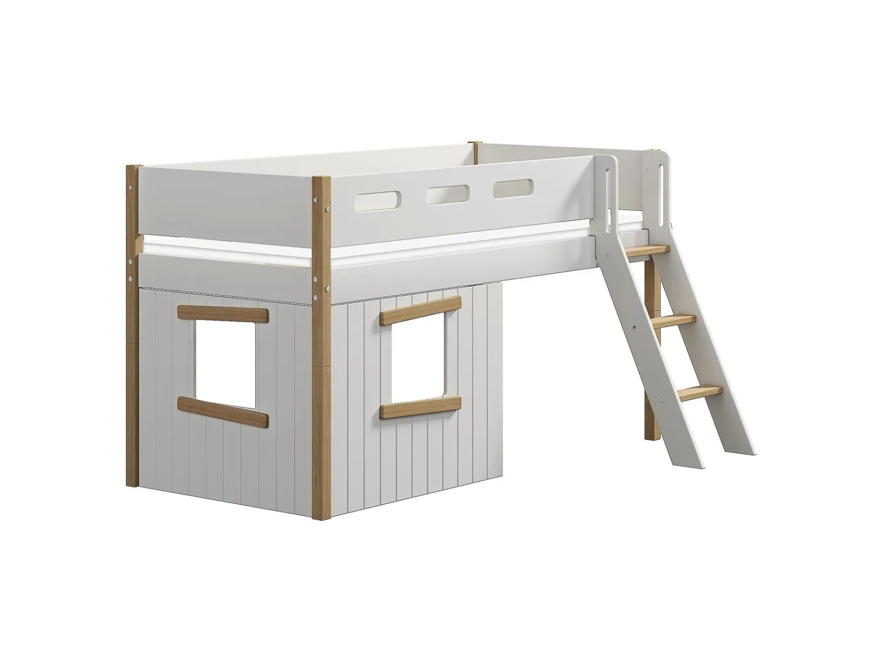 FLEXA House Beds|Mid High Beds*Mid-high bed, sl. ladder & Treehouse Bed Fronts, oak frame